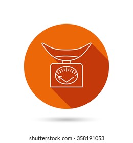 Scales icon. Kitchen weighing tool sign. Round orange web button with shadow.