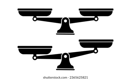 Scales icon. Libra icon. Set of different scales. Bowls of scales in balance, an imbalance of scales. Scale black vector icon. Vector illustration