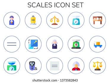 scales icon set. 15 flat scales icons.  Collection Of - judge, equal, scale, equality, punishment, weight scale, balance, electric shaver