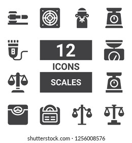 scales icon set. Collection of 12 filled scales icons included Law, Balance, Scale, Justice, Extractor, Electric shaver, Judge