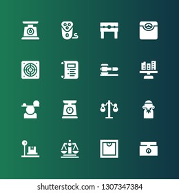 scales icon set. Collection of 16 filled scales icons included Weighing scale, Scale, Justice, Judge, Balance, Law, Extractor, Punishment, Electric shaver