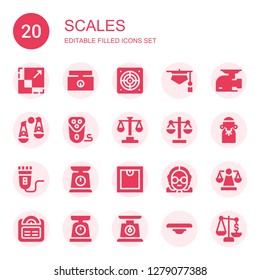 scales icon set. Collection of 20 filled scales icons included Scale, Weighing scale, Extractor, Judge, Meat grinder, Judging, Electric shaver, Law, Balance