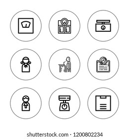 Scales icon set. collection of 9 outline scales icons with judge, scale, weighing scale, weight scale icons. editable icons.