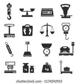 Scales icon set. Pan and tray of a balance, commercial or price computing scales, weighing machines to calculate a price. Vector illustration on white background