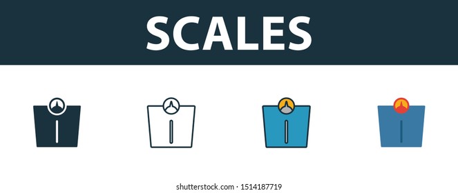 Scales icon set. Premium simple element in different styles from fitness icons collection. Set of scales icon in filled, outline, colored and flat symbols concept.