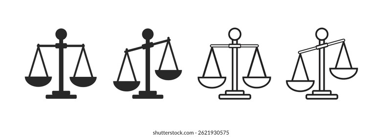 Scales icon set. Scale of Justice icon. Injustice Symbol, Line scale. Law scale icon isolated on white background