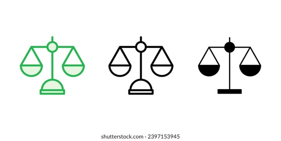 Scales icon set. Weight scale icon. Law scale icon. Justice