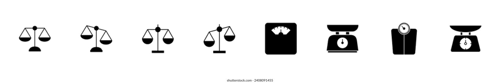 Scales icon set. Weight scale icon. Law scale icon. Justice