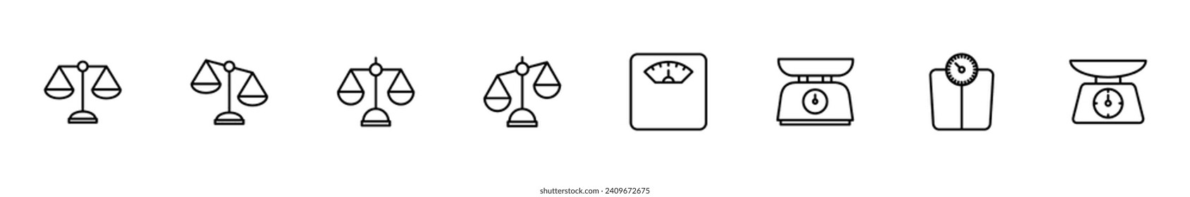 Conjunto de iconos de escalas. Icono de escala de peso. Icono de escala de ley. Justicia