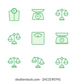 Conjunto de iconos de escalas. Icono de escala de peso. Icono de escala de ley. Justicia