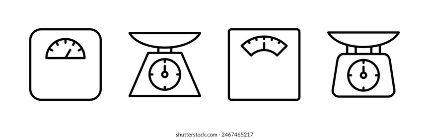 Scales icon set. Weight scale icon. Law scale icon. Justice