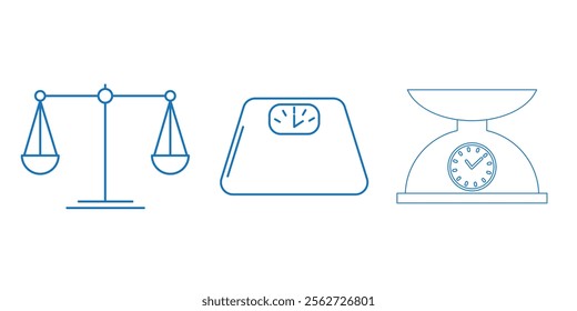 Scales icon set. Weight scale icon. Law scale icon. Justice