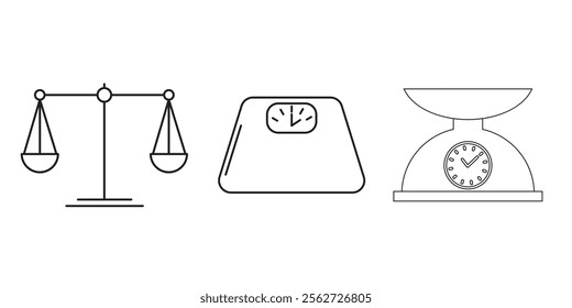 Scales icon set. Weight scale icon. Law scale icon. Justice