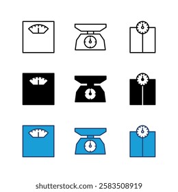 Scales icon set. Weight scale icon. Law scale icon. Justice