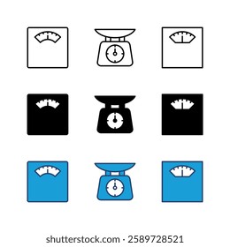 Scales icon set. Weight scale icon. Law scale icon. Justice