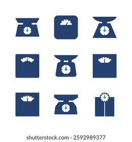 Scales icon set. Weight scale icon. Law scale icon. Justice