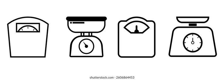 Scales icon set. Weight scale icon. Law scale icon. Justice