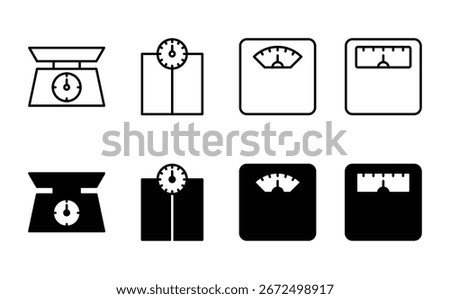 Scales icon set. Weight scale icon. Law scale icon. Justice