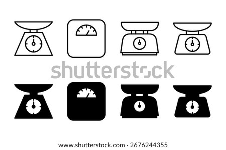 Scales icon set. Weight scale icon. Law scale icon. Justice