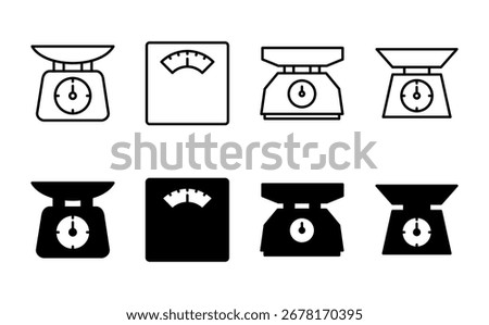 Scales icon set. Weight scale icon. Law scale icon. Justice