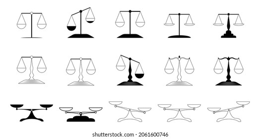 Scales Icon Vector Set. Scale Illustration Sign Collection. Balanced Scale Cups, An Unbalanced Scale, Vintage Scale. Vector Illustration