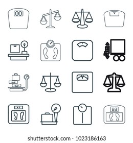 Scales icons. set of 16 editable outline scales icons such as lugagge weight, floor scale