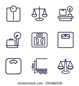 scales icons set. Set of 9 scales outline icons such as lugagge weight, cargo height