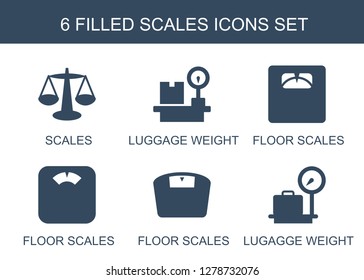 scales icons. Trendy 6 scales icons. Contain icons such as luggage weight, floor scales, lugagge weight. scales icon for web and mobile.