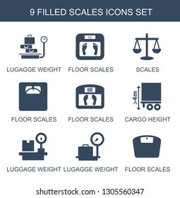 scales icons. Trendy 9 scales icons. Contain icons such as lugagge weight, floor scales, cargo height, luggage weight. icon for web and mobile.