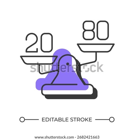 Scales imbalance offset shadow line icon. Pareto principle, 20 80. Measurement tool, instrument. Bold outline symbol with solid purple fill. Modern flat illustration. Editable stroke