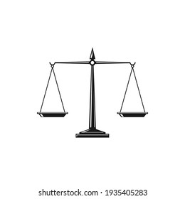 Scales isolated monochrome icon. Vector dual balance Themis scales of justice on decorative stand. Mechanical balancing scales, symbol of law and judgment, punishment and truth, measuring device