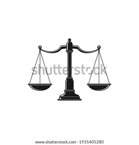 Scales isolated monochrome icon. Vector dual balance Themis scales of justice on decorative stand. Mechanical balancing scales, symbol of law and judgment, punishment and truth, measuring device