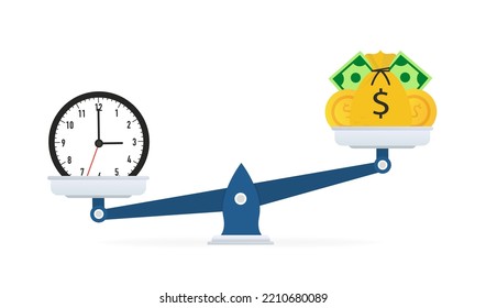 Scales isolated on white background bag with money prevails times. Vector illustration