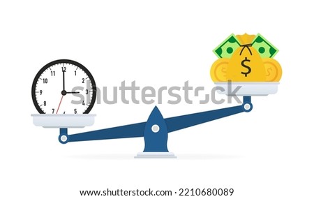 Scales isolated on white background bag with money prevails times. Vector illustration