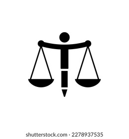 Scales of justice with an abstract silhouette of a man and a pen.
