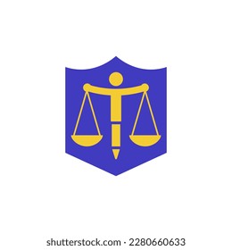 Scales of justice with an abstract silhouette of a man and a pen on shield background.
