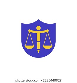 Scales of justice with an abstract silhouette of a man and a pen on shield background.
