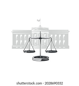 Scales of justice against the backdrop of the courthouse. Black and white illustration on white background.