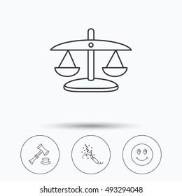 Scales of justice, auction hammer and slapstick.