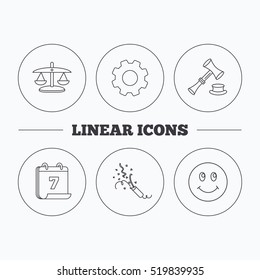 Scales of justice, auction hammer and slapstick icons. Smiling face linear sign. Flat cogwheel and calendar symbols. Linear icons in circle buttons. Vector