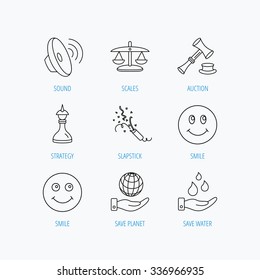 Scales of justice, auction hammer and strategy icons. Save planet and water linear signs. Smile, slapstick icons. Linear set icons on white background.