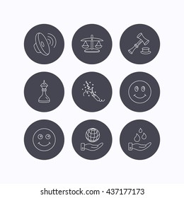 Scales of justice, auction hammer and strategy icons. Save planet and water linear signs. Smile, slapstick icons. Flat icons in circle buttons on white background. Vector