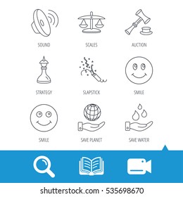 Scales of justice, auction hammer and strategy icons. Save planet and water linear signs. Smile, slapstick icons. Video cam, book and magnifier search icons. Vector