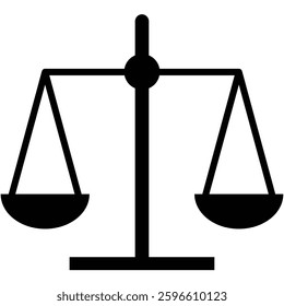 Scales of justice, black illustration symbol represents balance, fairness, and the legal system. The scales suggest an impartial assessment. Flat style vector graphic with isolated background.