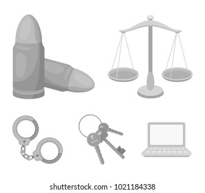 Scales of justice, cartridges, a bunch of keys, handcuffs.Prison set collection icons in monochrome style vector symbol stock illustration web.