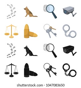 Scales of justice, cartridges, a bunch of keys, handcuffs.Prison set collection icons in black,cartoon style vector symbol stock illustration web.