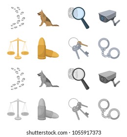 Scales of justice, cartridges, a bunch of keys, handcuffs.Prison set collection icons in cartoon,monochrome style vector symbol stock illustration web.