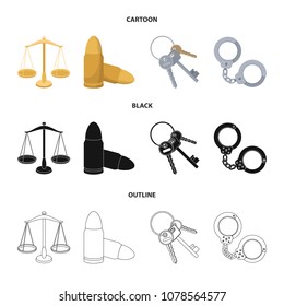Scales of justice, cartridges, a bunch of keys, handcuffs.Prison set collection icons in cartoon,black,outline style vector symbol stock illustration web.