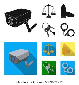Scales of justice, cartridges, a bunch of keys, handcuffs.Prison set collection icons in black, flat style vector symbol stock illustration web.