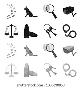 Scales of justice, cartridges, a bunch of keys, handcuffs.Prison set collection icons in black,monochrome style vector symbol stock illustration web.
